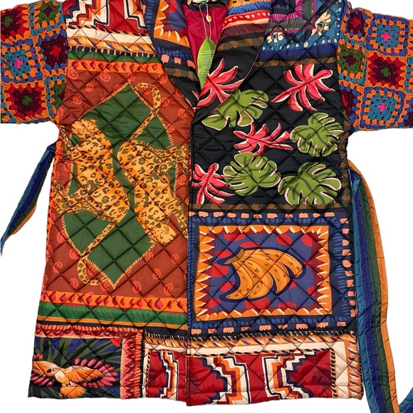 FARM RIO Patchwork Coat Quilted Crochet Sweater Sleeve Trench Boho Print Jacket - Picture 9 of 16